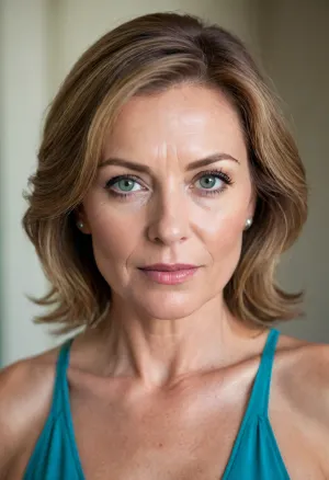 This is a upper body portrait of a mature milf who appears to be in her 60s, looking directly at the viewer with a serene and confident expression.
Her hair is a warm chestnut brown, subtly streaked with gray, suggesting a natural aging process. It frames her face softly. Her most striking feature is her eyes, which are a vibrant and captivating blue-green color.
Her complexion is fair, and while there are visible lines around her eyes and mouth, they appear to be soft expression lines rather than deep wrinkles, indicating graceful aging. Her lips are full and have a natural, rosy hue.
She is wearing a low-cut, light-colored silk camisole. The fabric has a soft sheen, suggesting luxury, and the cut reveals a significant amount of her chest, indicating that she has large, mature breasts that are prominently displayed.
The lighting is soft and even, highlighting her features without harsh shadows and giving her skin a gentle glow. The background is a simple, blurred, light gray or cream color, ensuring that the focus remains entirely on the woman. The overall impression is one of mature beauty, confidence, and natural elegance.