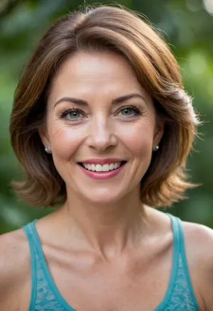This is a vibrant and engaging close-up portrait of a mature woman who appears to be in her 60s, exhibiting a joyful and confident demeanor.
Her face is framed by rich chestnut brown hair, softened with natural-looking gray streaks, indicating her age gracefully. Her eyes are a striking blue-green, sparkling with vitality as she looks directly at the viewer. The most prominent feature of her face is her wide, open-mouthed smile, revealing full lips and conveying genuine happiness. Her facial features show the natural lines and contours that come with age, adding character and warmth to her expression.
She has a fuller, more mature body shape, consistent with the description of being fat. She is wearing a low-cut, luxurious silk camisole that gracefully drapes over her abundant bust, which appears large and full, indicative of a mature figure. The fabric has a soft sheen, suggesting comfort and elegance.
The lighting in the portrait is soft and diffused, creating a flattering glow on her skin and highlighting the contours of her face and body without harsh shadows. The background is a simple, muted, and blurred tone, ensuring that all attention remains on the woman. The overall impression is one of a woman who is comfortable in her own skin, exuding a cheerful and confident aura that celebrates mature beauty and a joyous spirit.