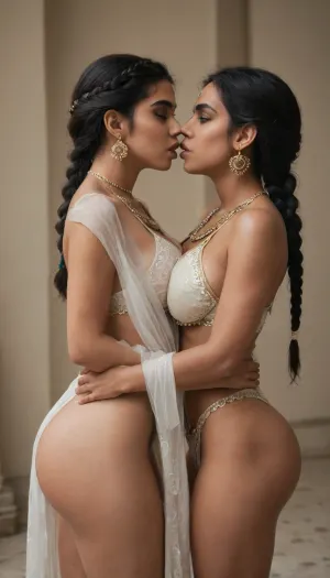 thick curvy cute 25yo woman, (she dark skin colour, she is from south india, indian princess, she has long black hair done in a braid:1.5), slave cosplay, large naturally hourglass shaped body shape, large perky breasts, big bubble butt, large love handles, very curvy. she is kissing a black girl