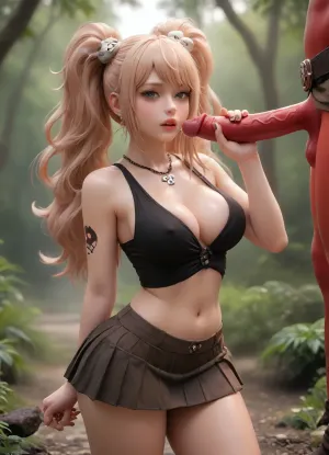 ((Junko Enoshima)), Short, dwarf, goth, outdoors, jungle, curvy, not tall, fantasy, thin waist, (((big boobs1:1))), green skin, dungeons and dragons, (((big ass:1.1))), green, beauty, mature, narrow waist, huge boobs, strong, fierce, adventurer, red skin, ((full thighs:1.1)), ((ultra quality, 8k, high detail of face, eyes, clear and expressive look)), tattoos, dwarf goth girl, in a state of orgasm, green hair, 19 years old, short black mini skirt, black top, no panties, no bra, stick out strongly nipples, large cleavage, young woman, blonde, lips red and shiny, (skin oiled), big round tits, fabulous background, black necklace around her neck, sex, blowjob, look at the viewer, detailed face, ultra-detailed image, high detail, natural pose, beautiful hands, detailed Fingers, (masterpiece, best, quality:1.5), <lora:nendoroid_xl_v8:2>, <lora:Designer_BlindBox-000015:2>, <lora:Venus_Body_Alpha:2>, <lora:SDXLlora13ErFut:2>