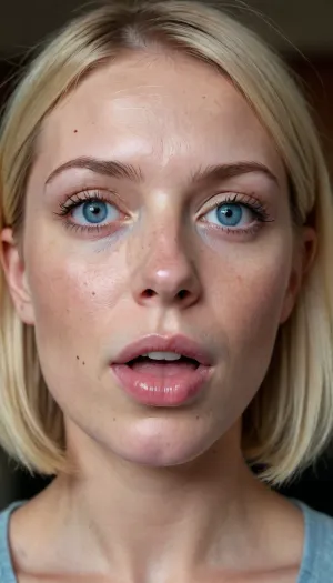 1girl, average height, french, bob cut blonde hair, 37 years old, thin, slim, solo, blue eyes, perfect eyes, realistic, freckles, lick her lips by her tongue