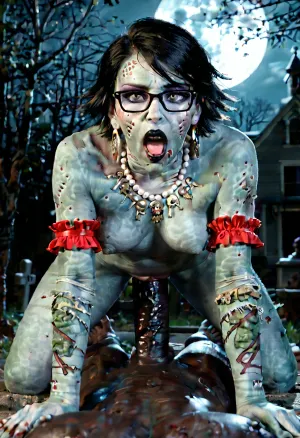 A, ((hyper-realistic, full-body NSFW photograph)), ((full naked)), ((tiny), perfeckt round puffy Breasts), ((detailled Face, Breasts, Body, Hands and Feets)), (barefeet), ((the woman has perfect light white skin)), of a woman inspired by the video game character Bayonetta, reimagined as a real-life person, She stands barefoot behind a wide gravestone, leaning forward with her arms stretched out wide, hands resting on the far edges of the stone. Her legs are spread wider apart in a natural, elegant stance, and she is standing on her toes, giving her pose a dynamic, graceful look. She has short, jet-black hair, wears stylish dark-framed glasses, and has, ((very fair perfect skin)), Her makeup is bold, with deep, dark lipstick and dramatic dark eyeshadow. Her face shows a surprised or astonished expression, as if she cannot believe the name on the gravestone, ((a very large, ((Zombie)), with a, (large cock:1.2), is, ((fucking her)), from behinde), (deep vagina penetration), (POV behinde), The background is softly blurred with subtle magical sparkling elements, but the overall lighting and textures are highly realistic, resembling a professional fashion photograph taken outdoors on a bright full moon night.)