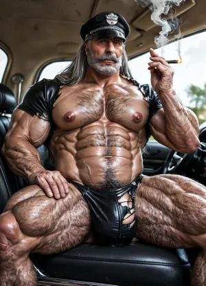 Beefy old daddy, 60-years-old, big muscles, big pecs, big bulge, big booty, gray hairy body, full gray beard, big thick gray mustache, long gray hair, (long hair:1.1), (big pecs, (big ass, (old beefy daddy:1.5), wearing torn leather motorbiker, sit in a big muscle car, nipples, wearing black biker cap, pubic hair, hairy body, (smoking a cigarrette:1.5), hot teasing daddy, gay solo daddy, front view))
