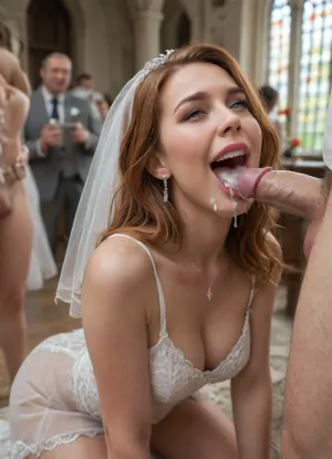 A man getting a balls deep blowjob from a milf redhead bride on her wedding day in a chapel. Wedding Party, ((Many laughing people wedding party in the chapel)), beautiful blonde 40 yo bride kneelling on a table, ((cum dripping down her face)), ((cum in her mouth)), the brides dress is hiked up revealing her very nice wide ass in lace panties pawg, can see the brides fat ass