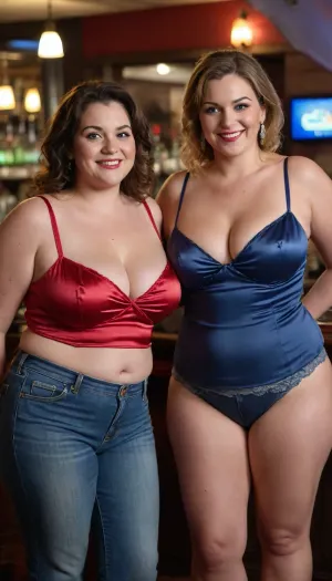 two fat gilfs, high waist jeans, spaghetti strap satin camisole, facing viewer, looking at viewer, eye contact, flirting, smiling, party, bar background, fupa, chubby, wide hips, big hips