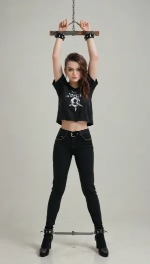 standing, x-cross bondage, spreader bar, spread arms, spread legs, library background, (Comfyui with controlnet), Model, arms up, A petite brown haired woman in stocks pose, black pants, black top, a look of annoyed, iron cuffs on wrists and ankles, luna, lovegood, <lora:BondageXcrossV1--In Stocks Pose:.5>, <lora:luna lovegood:1>, alt, fashion, <lora:alt_fashion_v2:.8>, 80s, punk, clothing, <lora:80s_punk_clothing:.8>