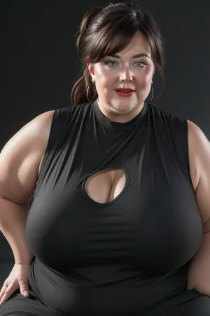 (Close-up:1.2), portrait photo a mature chubby woman, fat huge bosom, fat round face, double chin, 60 years old Woman, blue eyes, brown pixie haircut, ponytail, chubby jawline, pokies, seductive smile, lips parted, mouth open, teeth showing, big lips, looking at viewer, (solid dark background:1.3), eye level shoot, film grain, style by Flora Borsi, OverallDetail, downblouse, loose, t-shirt, leaning, forward, <lora:Lora_Srabonti2023-X4:.3>, <lora:downblouse-v1:.7>, <lora:weight_slider_v2:1.5>