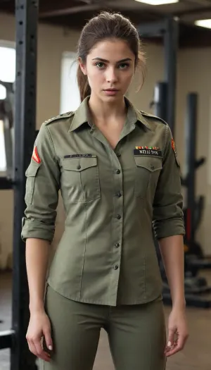 1 girl, 21 year old, Tall, fit mascular body, Tight Military shirt and pants, In military drill excersize