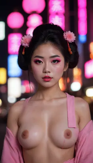 Fashion portrait asian girl in geisha makeup against the backdrop of night neon Tokyo absolutely naked small breasts pink nipples hairy pubis.