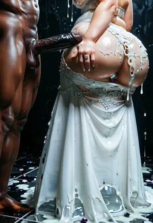 interracial, (muscular black skin brut), very very large black penis, black cock, black dick, (shy face), (thick black penis), ((handjob BBC)), (wedding rings shine), (slime on cleavage), super close up image, micro art photograph of an Iranian curvy bride standing on a glossy black velvet floor against a pitch-dark background. Dramatic, cinematic lighting with high contrast and soft shadows., ((Her entire feet, nylon, pussy, body, and classic lace white wedding dress are covered in a thick, jelly-like texture. The slime drips slowly from her hair and shoulders, creating a surreal, beautiful, and mysterious effect.)), The wedding dress features traditional Persian details such as tulle, gemstones, and Islamic motifs, visible beneath the slime. Visually stunning, surreal, and elegant composition with a focus on the tactile contrast between the slime and the white dress against the black velvet., close_up_detailed_shot_of1, BadX, plump, skindentation, chubby, bbw, venus, body, big, breasts, ass, happy, <lora:close_up_detailed_shot_of1:.8>, <lora:671410_training_data:1.3>, <lora:MJ52:.6>, <lora:Chubby BBW - XL:1>, <lora:happy_v2:.8>