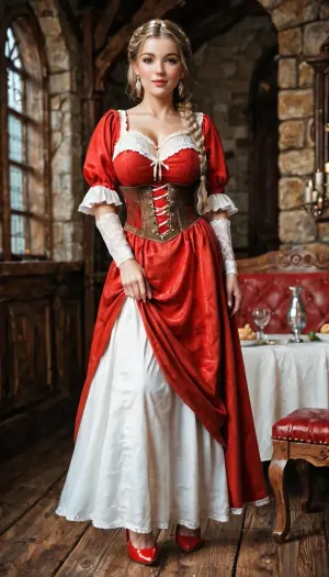 Medieval Red Dirndl, long braid, red clothes, light brown hair, full body view, high heels, big tits