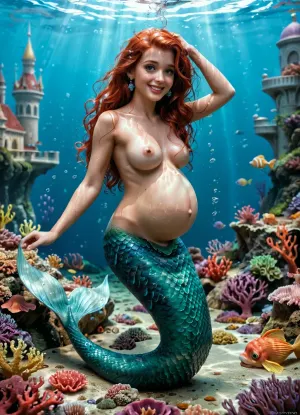 disney, redhead Princess ariel, pregnant, swollen boobs, pregnant boobs. the little mermaid, mermaid body, topless, messy hair, looks happy, wet body, wet hair, detailed background, perfect detailed body, detailed skin texture, cute face, realistic face, full body view, under the sea, swimming towards, nude, breast exposed, FRESHIDEAS, Underwater, Palace, mermaid, <lora:FRESHIDEAS Underwater Palace:.8>, <lora:mermaid_xl_v1:.8>, preggo, <lora:preggoXL_v0.1a:.8>