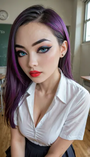 beautiful, 22 years old, (cute asian face), (school girl:1.5), school uniform only mini skirt, seducive look, in classroom, looking into camera, big asian eyes, shaved, extra long hair, (blue eyes), (purple hair), (perfect tits), (eyeliner:1.8), red, eyes, perfecteyes, <lora:add-detail-xl:1>, <lora:PerfectEyesXL:1>