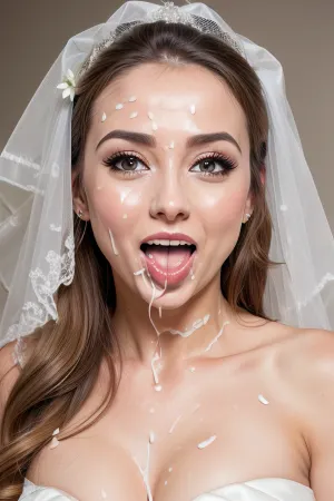 3/4 body shot of happy woman wearing wedding dress with cum on her forehead, facial, open mouth, (cum in mouth:1.3)