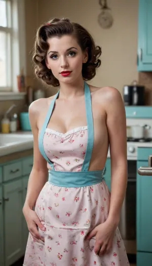 color photo, topless housewife, (1950's look), full body, (rockabilly style), wearing apron and curlers, ((looking at camera)), masterpiece, best quality, highres, (photorealistic:1.4), (depth of field:1.1), 1 girl, (wavy hair:1.2), (solo:1.1), (looking up at viewer:1.2), topless, small boobs, perky nipples.