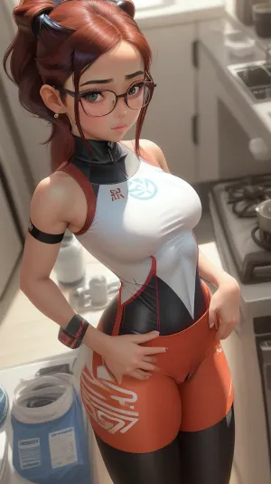 21 years, women, sweet face, tiny women, small women, petite, nerdy face, oval face, face Like katara avatar Last airbender and Hanna Barron face, glasses in black, round face, beatiful, young, perfekt face, DARK Red hair, Long ponytail, perfekt Body shape, big boobs, poses in an kitchen hands on hips, 3/4 View, wears an ATTRACO Damen Einteiler Boyleg Badeanzug Athletic Racerback Badeanzug, swimsuit zaosu, boyleg spandex, swimsuit shorts, cameltoe, spandex hot pants, boyleg panty, racing suit, N7 Mass effect colored catsuit, Leggings pantys shorts