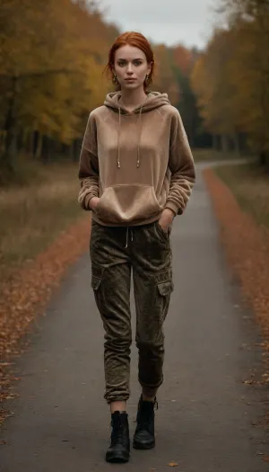 (photo taken in perfect autumn landscape, out of town:1.2), photo shows complete Person, dynamic, realistic, perfect lighting, (best shadows), 8K, UHD, clear image, (best lighting), best quality, ultra detail, fine detail, high resolution, 8k wallpaper, masterpiece, one female, (European nordic type woman 30 years old:1.5), ((skinny with slender breasts, perky tits:1.4)), (((skinny, small, petite, height 175 cm, long perfect legs, perfect round ass, autumn narrow waist, wide hips:1.5))), (detailed green eyes, short red hair, shoulder length hair, tied in a braid at the back, individual hair strands in face:.8), (very detailed face, beautiful, light freckles, tanned skin, full lips), ((wearing a detailed shimmering dark beige velvet oversize hoodie, long sleeves, big earrings:1.5), (camouflage military cargo pants, cotton fabric:1.5)), boots, (backpack:1.5), hitchhiker
