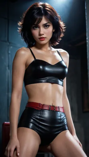 Create an intense, evocative portrait in the retro anime style of the 80s and 90s. The scene features a woman bathed in deep black light, her short leather dress accentuating her confident posture. The background is stark, with sharp contrasts highlighting the contours of her form. The blue and red and black palette intensifies the mood, evoking a sense of mystery and determination. Subtle film grain and meticulous shading add depth and texture, emphasizing the emotional gravity of the scene. The lighting creates a chiaroscuro effect, accentuating her expressive pose and the intense atmosphere. black messy hair frames an expression of quiet confidence and introspection. She wears a wide belt around her waist.