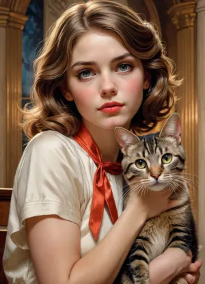 1girl and 1cat, J.C., Leyendecker, Style, page, <lora:SimplePositive_XL_v1_AutoRunMech:.5>, <lora:J.C. Leyendecker Style:.8>