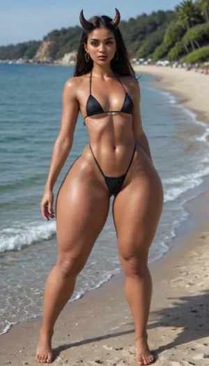 Full body, spy photo of a sexy demon milf standing on the beach, (horns:1.5), (elf ears:.8), (dark red skin:1.7), (wide hips:1.3), (small waist:1.3), (long legs:1.2), (boubble butt:.9), (big ass:1.3), (slim chest:1.5), (athletic body:.6), (curvy hips:1.4), (massive hips:1.6), black bikini, (thick legs:1.7), ((sexy pelvis)), (big breasts:1.1), pretty face, small nose smooth skin, barefoot, detailed skin, straight long black hair, hot, sand, detailed face, perfect hands, perfect fingers, sunny day, very sunny, photo, hdr, 8k, best quality, 30mm lens, detailxl, maximum realism, 4ng3l, face, Mondello, Beach, portrait, wide, angle, <lora:add-detail-xl:.8>, <lora:SDXL_BetterFaces-LoRA_v1:.6>, <lora:XL_FD-Mondello-Beach-R16:.7>