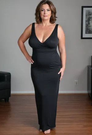 Full body shot, 50 year old woman, layered haircut, green eyes, black tight thin v-neck maxidress, obese, chubby, wide hips, curvy, cleavage, small floppy breasts, sagging breasts, deflated breasts, tan lines, brown hair, upturned nose, SaggySlimXL, <lora:updated_saggy_slim:1>, <lora:clothed_small:.5>, bottomheavy, big, ass, huge, gigantic, thick, thighs, massive, <lora:bottomheavy_v1_sdxl_tags:.8>