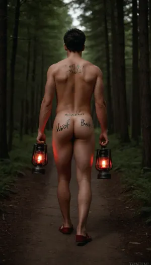 rear view, young male, black hair, thick hair, short hair, nude, ass in view, text painted on male ass "WOLF BAIT" with black marker, wearing red sandals, carrying a lantern, candlelight, walking along a path in a forest, <lora:realistic_male_ass:.5>