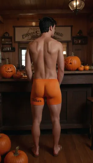 rear view, young male, black hair, thick hair, short hair, wearing orange lycra shorts, ass in view, text painted on male body "SEED EATER" with black marker, wearing orange sandals, standing in a tavern next to a wooden table with several pumpkins all around, tavern has a fireplace, dim lighting, light coming from fireplace, <lora:realistic_male_ass:1>