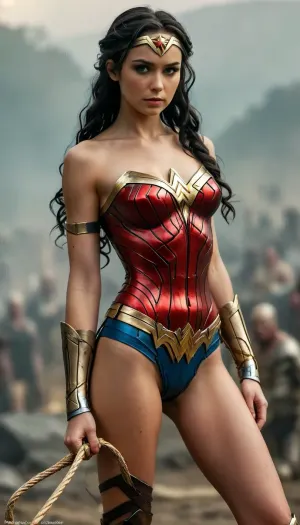 A sexy wonder woman babe, wonder woman cosplay, slender body, with small tits, in wonder woman armor, golden whip, muscular body, full body view, great, lighting, youngAdult, half naked, black hair on a single long braid, lots of public hair on pussy, flat, chested, standing outside, big battlefield, lots of dead bodies in background, detailxl, <lora:great_lighting:.5>, <lora:YoungAdultSDXL:.5>, <lora:flat_chested_v3.5:1>, <lora:MJ52:.5>