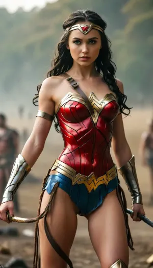 A sexy wonder woman babe, wonder woman cosplay, slender body, with small tits, in wonder woman armor, golden whip, muscular body, full body view, great, lighting, youngAdult, half naked, black hair on a single long braid, lots of public hair on pussy, flat, chested, standing outside, big battlefield, lots of dead bodies in background, detailxl, <lora:great_lighting:.5>, <lora:YoungAdultSDXL:.5>, <lora:flat_chested_v3.5:1>, <lora:MJ52:.5>