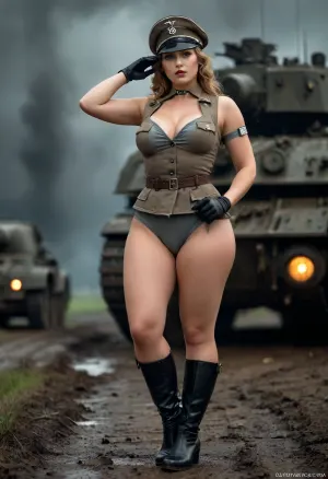 Uber realistic, 8k, ultra detailed, masterpiece, 1girl, beautiful busty female dieselpunk German Nazi ss officer, (WW2, World War 2), (huge_breasts), tits out, tits bulging out, (she is an incredibly beautiful woman with a athletic and voluptuous build, light skin, pale blue eyes and long, wavy light brown hair), (she wears revealing world war 2 german nazi ss officer uniform, black high-heeled boots, black stockings and wears a officer hat on her head), german, nazi, ss officer, muscular legs, toned legs, (european field World War 2 battlefield with dieselpunk World War 2 tanks in background), cloudy, night, storming, action pose, random view angle, wet and muddy ground, detailxl, dark, chiaroscuro, low-key, <lora:add-detail-xl:.8>, <lora:style_lora_realis:.8>, <lora:zavy-cntrst-sdxl:.8>