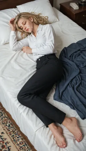 Sleeping, sleep, white collared shirt, formal black long pants, full body, cum on face, blonde hair, luna, lovegood, <lora:luna lovegood:.8>