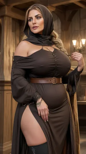 wallpaper, high quality UHD, high detail 8K, perfect lighting, best shadow, best frame, dark theme.

Blonde thick lush hair, pulled back in a simple braid, a few strands pulled out to frame her wide cheekbones, nose slightly upturned, lips nicely plump.

European MILF, mature woman 60 years old, MILF figure, muscular build, tall toned build, long slender legs.

Huge tits, huge breasts, big breasts, beautiful breasts, teardrop shaped breasts, big saggy breasts, big dark nipples.

Thick huge ass, round curvy buttocks, toned thighs, curvy lower body, slim waist.

A woman is a medieval witch, in a dark old room of a castle

Description of the clothing of a medieval "witch"

Clothing, Dress, Worn, dark in color, (often gray, brown or black, due to the cheapness of the dyes), . The dress is long, with wide sleeves, roughly sewn from homespun linen or wool.

Apron, Always with her, dirty, torn, with stains from herbs or animal blood, (in the case of healers or midwives), .

Cape or cloak, Old, made of woolen fabric, often with a hood. In the cold season, the main protection from the cold. Sometimes a talisman or amulet is sewn in.

Belt, Made of rope or leather, to which a bag of herbs, a knife or other "witch" items could be tied.

Head, Hair was rarely covered—often loose, (a sign of "uncleanness"), disheveled, or tangled. If there was a headscarf, it was an old, dark-colored one., venusbody, flat, chest, big, breasts, huge, gigantic, small, hips, thighs, wide, thick, plump, belly, muscular, female, arms, extra, abs, <lora:germanbreasts:.8>