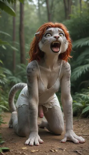 full-length digital artwork of a woman morphing into a futa tigergirl, jungle location, erect penis, large balls, grey tabby fur, long tail, ripped white dress, on all fours, thinning red hair, small patches of striped fur, long feline whiskers, perfect eyes, perfect iris, screaming, scared expression, tears, hands turning into paws, <lora:SDXL1.0-LoRa_Zeitgeist-Morphing-Concept_by-AI_Characters-v1.0:.5>, feline_hybrid, furry, <lora:Realistic_Feline_Hybrids:.8>