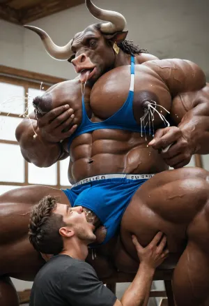 Masterpiece, cattle furry man have sex wth human mens, (anthro:1), 1.5, (long horns), massive muscles, big bulge, cattle furry, males only, big penis, veiny penis, dark brown skin, hyper breasts, hyper boobs, big pecs, hyper bulky, big nipples, (lactation:1.3), puffy anus, laying, oiled skin torn red plaid shirt, jeans, torn shirt quartet, (nipple sucking:1.3), anus rimming, rough grope, grabbing pecs, full length view, gay sex hardcore, gay anthro, ahegao, (ahegao:1.7), cumshot, orgasm cum gay sex, hardcore sex gay, from below view, only gay, fantasy sex, view from below, nipples sucking, tits sucking, (size difference:1.2)