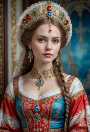 Portrait of a Russian beauty in national costume, lace filigree of bright, rich color. Super clear, highly detailed watercolor, glaze technique, plus colored alcohol ink, style of V. Vasnetsov