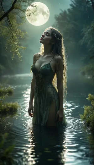 ethereal water spirit emerging from a still lake at night, kissing the reflection of the full moon on the surface, glowing translucent skin illuminated by moonlight, long flowing hair made of green water plants and algae, adorned with delicate decorations of twigs, moss, and pondweed, serene expression, bare body partially veiled by floating aquatic plants, soft ripples on water, mist rising around her, enchanting fantasy atmosphere, stars reflected in the lake, cinematic lighting, 8k, ultra detailed, mystical and romantic, <lora:MJ52:.8>