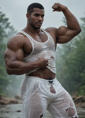 Full body view, far view, african black man, drk black sin, bodybuilder body, guge muscles, excessive hairy black body, big pecs, big bulge, big tits, big ass booty, bubblebutt rond ass, big ass, (big booty:1.5), african gay man, (black body:1.7), exhibiting his big booty, wearing wet white net transparent speedo and wet white net transparent tank top, torn speedo, torn tank top, (white outfits:1.8), (torn outfits:1.6), wet outfits, exhib, hot, only gay man, black male, huge muscles, standing sexy pose, under heavy rain, rainning, wet, front view, flexing his biceps, sexy position