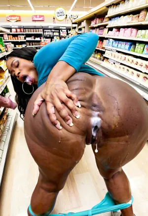Big huge old Black woman, huge titssucking a huge whit dick, Huge areolas, cum all over her, bending over spreading her ass, huge gaping asshole, in the middle of a grocery store, strangers watching.