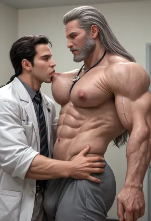 Beefy old daddy, 60-years-old, big muscles, big pecs, big bulge, big booty, gray hairy body, full gray beard, big thick gray mustache, long gray hair, (long hair:1.2), (big pecs:1.3), (big ass:1.5), old daddy, (beefy daddy:1.5), only gay sex, males only, hot dilf, nipple sucking, patient sucking nipple, young skinny doctor, stéthoscope, open doctor blouse, in dark hospital room, squeezing pecs, sucking nipples, big nipples, erect nipples, hairy nipples