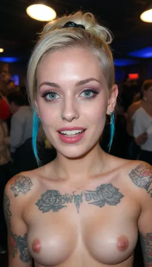 (((accidentally taken photo:2))), (((accidentally pose:2))), (((candid photo))), (((amateur photo))), (((tattoos:1.5))), (((piercings:2))), Candid pov photo bottom up view in close up, ultimate realism, photorealistic curvy 32 year old festival hottie, narrow waist, wearing mesh top And neon small tiny minimal coverage micro thong, choker collar, laughing, wavy blonde hair bangs, tattooed tatoos covered in tattoos, realistic detailed eyes, dancing on stage at a crowd at a crowded busy night time edm festival, hands in the air, dancing, (laser lights), neon colored spot lights, glow sticks, black lights, realistic detailed face, realistic detailed skin, freckles, realistic dark night, hdr, tack sharp, realistic lighting, (masterpiece), (vivid), ShemaleQuiron, Style, shemale, Quiron, style, Shemale, Penis, (((Naked))), ((((full body:2)))), (nighttime), (no ambient light), (single harsh flash from the camera), (overexposed flash highlights on subject), (sharp shadows behind and around her), (noise in all darker areas), (wet surfaces reflecting small highlights), (flat lighting due to direct flash), (cool white balance:1.3), (cyan-tinted shadows from digital camera sensor), (fluorescent-like artificial lighting tint), (background remains visible due to flash, but lacks blur or depth separation), (realistic dark environment with high flash contrast), (full body), (scene "Myspace"), (2000s), (90s digital aesthetic), (flat chested), (low quality photo), (old camera), (flash photo), (gritty), (realistic environment), (analogic style), (film grain), (low contrast), (unfiltered), (jpeg artifacts), (unedited), (cellphone photography), (no ambient lighting), (lights off), (Polaroid flash camera), (cool indoor lighting), (direct flash photography), (overexposed flash), (strong shadows), (sharp shadows), (low contrast:2), (noise in dark areas), (shiny reflections on surfaces), (sharp background), (background in focus), (no background blur), (clear background details), (fluorescent lighting tint), (cyan-tinted shadows), (artificial lighting with cyan hue), (Scene-Queen), (optional), (Myspace), (picture), (bad quality), (old digital camera), (raw), (light leak), (low res), (low quality), (90s style), (80s), (analogic), (1990s), <lora:xl_more_art-full_v1:.6>