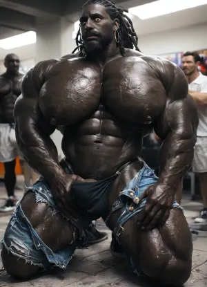 black daddy, 60-years-old, muscles, big pecs, (big pecs:1.5), big bulge, big booty, hairy body, full beard, big thick mustache, (dreadlocks:1), dark black skin, (black skin:1.7), (black daddy:1.6), body, denim, daisy duke short, unbuttoned denim short, thong apparent, torn crop top, sneackers shoes, kneeling, snapchat picture, in front of mens crowd, solo gay picture, from front daddy view, grabbing his boobs, grabbing pecs, (grabbing boobs:1.5), look the viewer