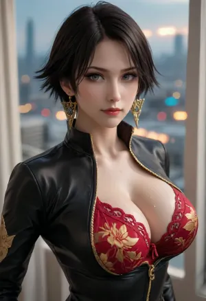 Best quality, masterpiece, high resolution, high detail, perfect lighting, best shadow, best frame, dark theme.

//🙎//, (bayonetta, boa Hancock, mai shiranui), .

//💋// smirk, golden eyeliner, violet eyeshadow, (black short hairs:1.5), ((oiled skin)), ((sweaty)), .

//🏛//, (clean futuristic aesthetic), (futuristic city from full_height windows:1.5), .

//💪//, (chest and side view), .

//👙//, (massive breasts:1.3), .

//🤘//, (standing near the window, head side to looking out through the window:1.5), .

//👚//, (zip-down glossy black latex jumpsuit with gold floral and leaf print), red lace bra under jumpsuit, .

//💍//, .

//🎬//, (light penetrating through hair strands, glowing tips, golden rimlight, backlight), (strong light shone on her body from forward), extreme reflection, light and shadow contrast, (Depth of field， perspectives), .

//📎//