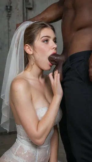 (((interracial))), ((super extra huge giant black spiked dick)), . A curvy Iranian nude bride with sheer bridal veil and lace stockings, standing in an industrial loft with dim, moody lighting. Her eyes are half-closed, filled with a mix of defiance and longing, lips slightly parted in hesitation. A dominant, muscular african groom in a tailored black suit stands behind her, one hand firmly gripping her neck while the other gently strokes her jaw. Her body leans back into him, tense but yielding, fingers lightly clenching his wrist in silent protest. The harsh metallic textures contrast with the softness of her skin and veil, creating a visual tension between control and fragile resistance., bbcdeepthroat, <lora:BBCDeepthroat:.8>