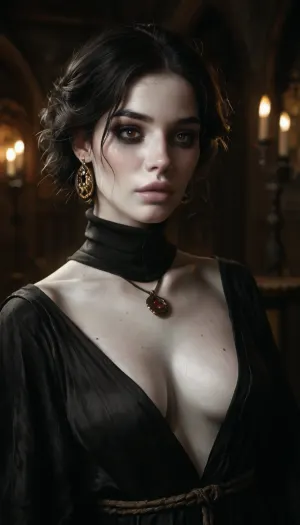 Beautiful slender Eastern European woman, (long straight jet black hair), (angular and refined face with high cheekbones and a narrow nose), full pale lips, (Pale skin:1.8), (Deep set dark brown eyes), (smokey eye makeup), (Wearing somber faded black robes with subtle embroidery, long-sleeved, with a high collar and low soft soled black boot), (A small occult pendant), (reserved expression), (interior dark medieval monestary background), (night:1.6), realistic detailed face, detailed hair, realistic detailed body, realistic detailed skin, realistic detailed saggy breasts, realistic detailed hairy pussy, random view angle, (Calm garceful pose), (looking at viewer), <lora:add-detail-xl:1.5>, <lora:style_lora_realis:.5>, <lora:dark:1>, detailxl