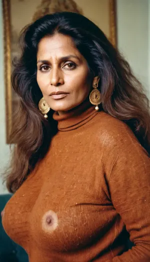 1980s, polaroid, indian woman 38 years old, (mature, bad skin, acne, wrinkles), busty, gigantic tits, massive breasts, long messy hair, tight turtleneck sweater, fully clothed