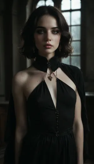 Beautiful slender Eastern European woman, (long straight jet black hair), (angular and refined face with high cheekbones and a narrow nose), full pale lips, (Pale skin:1.8), (Deep set dark brown eyes), (smokey eye makeup), (Wearing somber faded black robes with subtle embroidery, long-sleeved, with a high collar and low soft soled black boot), (A small occult pendant), (reserved expression), (interior dark medieval monestary background), (night:1.6), realistic detailed face, detailed hair, realistic detailed body, realistic detailed skin, realistic detailed flat chest, realistic detailed hairy pussy, random view angle, (Calm garceful pose), (looking at viewer), detailxl, <lora:add-detail-xl:1.5>, <lora:style_lora_realis:.5>, <lora:dark:1>, flat, chested, <lora:flat_chested_v3.5:.8>