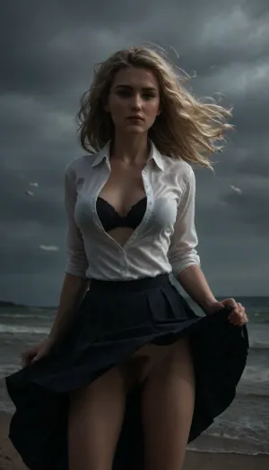 beach, professional photography, high quality, artistic, soft, romantic atmosphere, beautiful thin blonde woman secretary, unbuttoned white shirt, bra, show pussy, upskirt, storm, long skirt, (((windyskirtlift))), (((wind lifting skirt))), ((Wind)), (((strong wind))), hairy pussy, undressing, sunlight_str1, <lora:add-detail-xl:2>, <lora:dark:.8>, <lora:undressing_XL_v1:2>, <lora:sunlight_str1-SDXL_v1-dim64-steps1691:.8>