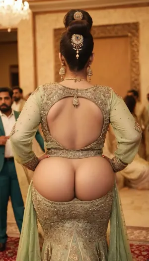 Pakistani aunty bimbo, extremely chubby, extreme hyper colossal wide booty, booty wider and larger than torso, hyper colossal round boobs, extremely large areola, extremely puffy nipple, thin waist, muscular abs, no underwear, she wears a Pakistani traditional wedding fashion see-through dress, on Pakistani traditional wedding function, hair style ponytail