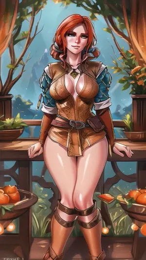 Triss, an amazing, (intricate details, hyperdetailed:1.15), looking at viewer, WTriss, trissW3_soul3142, 1girl, solo, red, hair, green, eyes, closed, mouth, necklace, mole, under, freckles, orange, nude, naked, lewd, <lora:Triss-v1:.7>, <lora:WTriss:.5>, <lora:triss:.5>