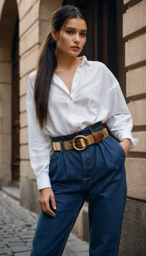 dark blue baggy paperbag slouchy jeans, very long hair, gold belt, prague, slouchy style, ponytail, black hair, white blouse